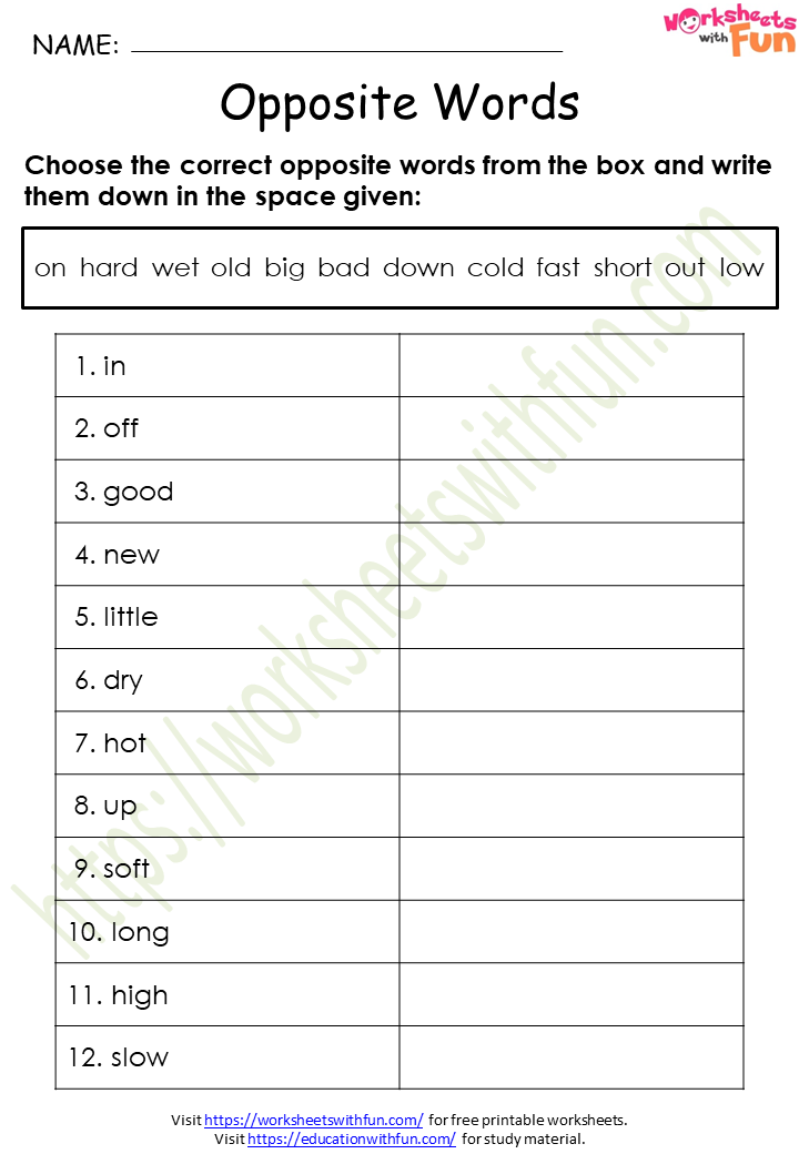 English Worksheet For Class 1 Opposite Word